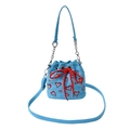 Mini light blue corduroy bucket bag with red heart embroidery and chain strap - Blue