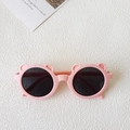 Pink retro kids sunglasses with bear ears and grey round lenses on white background - Bear Pink