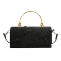 Black handbag with 3D butterfly embroidery and gold circular metal ring handles - Black