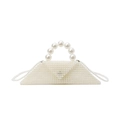 Handmade pearl woven tote bag with large pearl handle and detachable crossbody strap - White