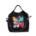 Black tote bag with colorful apple embroidery and woven handles for casual commute - Black