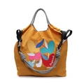 Japanese style yellow tote bag featuring colorful apple embroidery and checkered handles - Yellow
