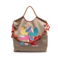 Khaki canvas tote bag with colorful embroidery and woven rope handles in a stylish design - Khaki