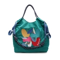 Green canvas tote bag with vibrant apple embroidery and blue woven rope handles - Green