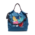 Blue nylon tote bag featuring colorful apple embroidery and woven rope handles - Blue
