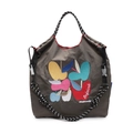 Dark grey tote bag with colorful fruit embroidery and spotted woven handles - Gray