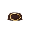 Dark brown leather clutch bag featuring a prominent gold C-shaped metal ring and chain - Brown