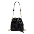 Sparkly black sequin bucket bag for women with champagne gold chain and leather handle - Black