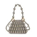 Mini silver beaded handbag with gold ring hardware and woven bead top handle - Silver