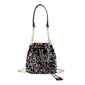 Rainbow sequin bucket bag for women with gold chain strap and drawstring closure - Colorful