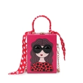 Sac boîte fuchsia avec imprimé fille, poignée enrubannée et bandoulière en chaîne - Rose