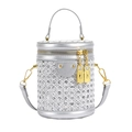 Silver cylinder bucket bag with sparkling rhinestone mesh and gold-toned hardware accents - Silver