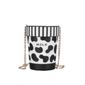 Unique cow print bucket bag in milk cup shape with a gold chain strap for women - Black