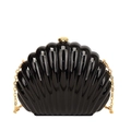 Glossy black shell-shaped evening clutch bag with gold chain strap and metal clasp - Black
