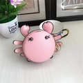 Cute pink crab mini coin purse in lychee pattern PU leather with gold keychain hook - Pink