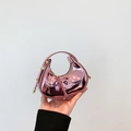Metallic pink mirror finish mini dumpling handbag with gold stud hardware for women - Pink