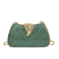 Sparkly dark green glitter evening clutch with golden leaf clasp and chain strap - Green