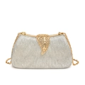 Elegant silver glitter evening clutch bag with golden leaf clasp and chain strap - Silver