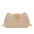Elegant champagne gold glitter evening clutch with leaf metal buckle and chain strap - Gold