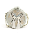 Pale green round crossbody bag with butterfly embroidery, white pearls and silk tassels - Green