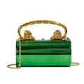 Metallic emerald green cylinder handbag with golden lion handles and chain strap - Green