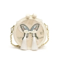 Beige round crossbody bag with delicate butterfly embroidery and white soft tassels - White Butterfly Wings Style