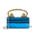 Luxury blue metallic cylindrical evening bag with gold lion head handle and chain - Blue
