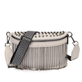 White studded crescent bag with metal fringe and patterned wide shoulder strap - Beige