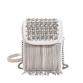Mini borsa a tracolla bianca con borchie di cristallo e frange a catena d'argento - Bianco