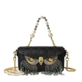 Quilted black leather owl crossbody bag with colorful beaded tassels and pearl handle - Black with Multi-color Crystal