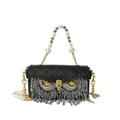 Black quilted owl handbag with gold metal eyes, silver tassels, and pearl handle - Black with Long Crystal Tassels