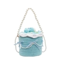 Light blue knitted cake bag with white lace, floral decor and pearl chain strap - Blue Bow Lace Style / Blue