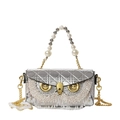 Silver owl crossbody bag with quilted texture, pearl handle, and rhinestone tassels - Silver with Short Crystal Tassels