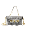Silver owl shoulder bag featuring metallic leather, rhinestone fringe and pearl handle - Silver with Long Crystal Tassels