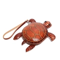 Creative turtle-shaped brown leather coin purse with handmade stitching and wrist strap - Brown
