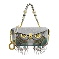 Glinsterende zilveren uil-clutch met kleurrijke kwastjes en parel handvat - Zilveren Strass Kleurrijk