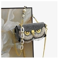 Black owl crossbody bag with sparkling rhinestones, gold chain, and bead fringe - Black Silver Rhinestone Short Crystal