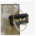 Quirky owl-shaped evening bag in black with gold tassels and multi-style chain straps - Black Rhinestone Short Crystal