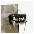 Chic black owl rhinestone evening bag with elegant tassels and pearl handle chain - Black White Crystal