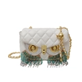 White quilted owl crossbody bag with rhinestone eyes and colorful beaded tassels - White Colorful Rhinestone