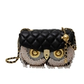 Sac bandoulière en cuir noir matelassé avec design hibou et franges en cristal - Noir Cristal Court