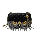 Quilted black leather owl shoulder bag with gold metal eyes and beaded tassel fringe - Black Long Crystal
