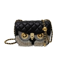 Black quilted owl crossbody bag with silver tassels and gold metal eye rings - Black Tassel