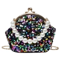 Bunte Pailletten Muscheltasche mit Perlengriff und goldener Kette für Partys - Schwarz