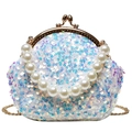 Irisierende weiße Pailletten-Beuteltasche mit Perlengriff und goldener Kette - Weiß