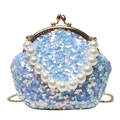 Hellblaue Pailletten-Schalentasche mit großem Perlengriff und goldener Kette im Retrostil - Blau