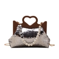 Borsa tote con paillettes argento con manico a cuore e catena di perle eleganti - Argento
