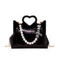 Elegante borsa a mano in paillettes nere con manico a cuore e ciondolo a cuore di perle - Nero