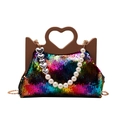 Borsa a tracolla con paillettes arcobaleno, manico a cuore e ciondolo di perle - Colorato