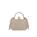 Elegant gold glitter evening clutch bag with circular metal handle and pearl clasp accent - Gold
